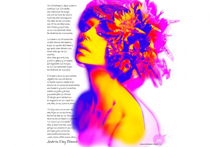 La loca luz caraballo, poema de Andres Eloy Blanco con una mujer que tiene flores en la cabeza en diferentes colores