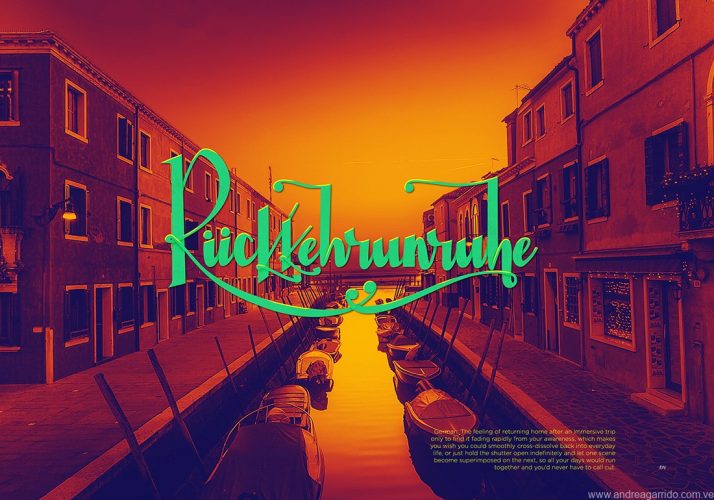 Ruckkehrunruhe lettering. From the german word. The feeling after returning from an inmersive trip. Nostalgia with a Venice, Italy, picture on the background. For the Beautiful words serie.