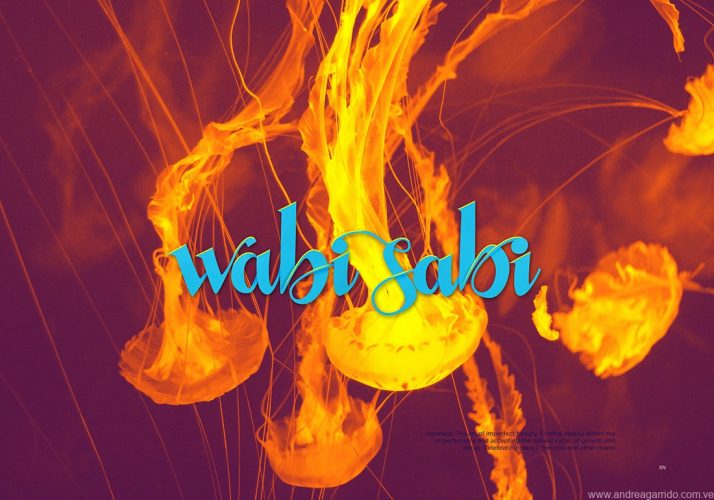 wabi sabi lettering, from the japanese word, the beauty of imperfection. From the beautiful words serie. Jellyfish in the background